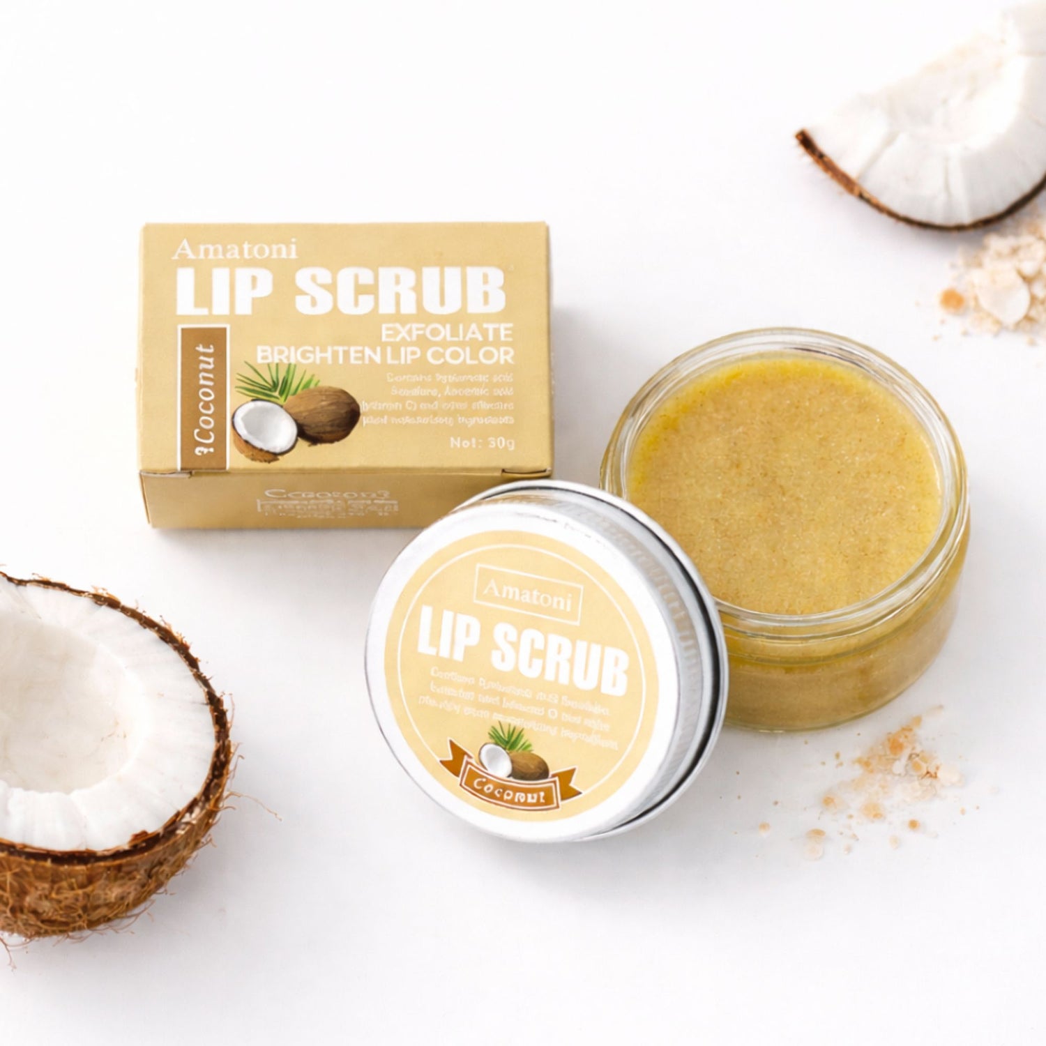 Close-up of Amatoni Coconut Lip Scrub in a round container, showcasing its exfoliating powder texture, perfect for softening and nourishing lips.