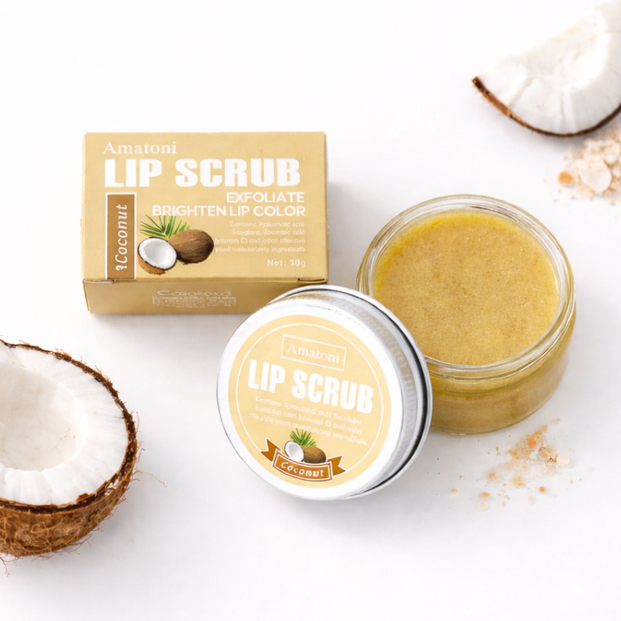 Close-up of Amatoni Coconut Lip Scrub in a round container, showcasing its exfoliating powder texture, perfect for softening and nourishing lips.