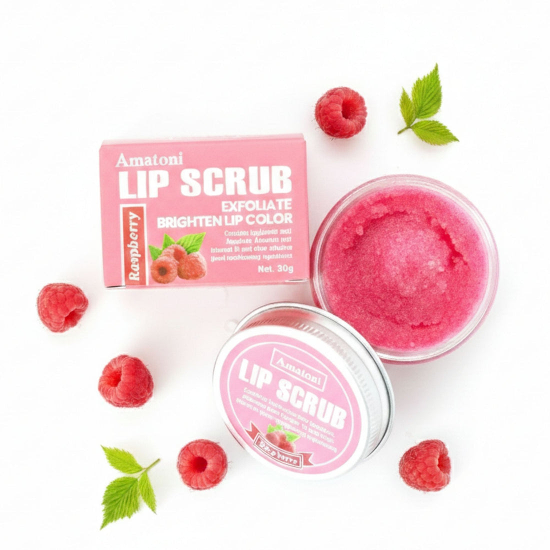 Raspberry Lip Scrub in a jar, showcasing a pink lip balm designed to exfoliate and hydrate, perfect for soft, smooth lips with a sweet raspberry scent.