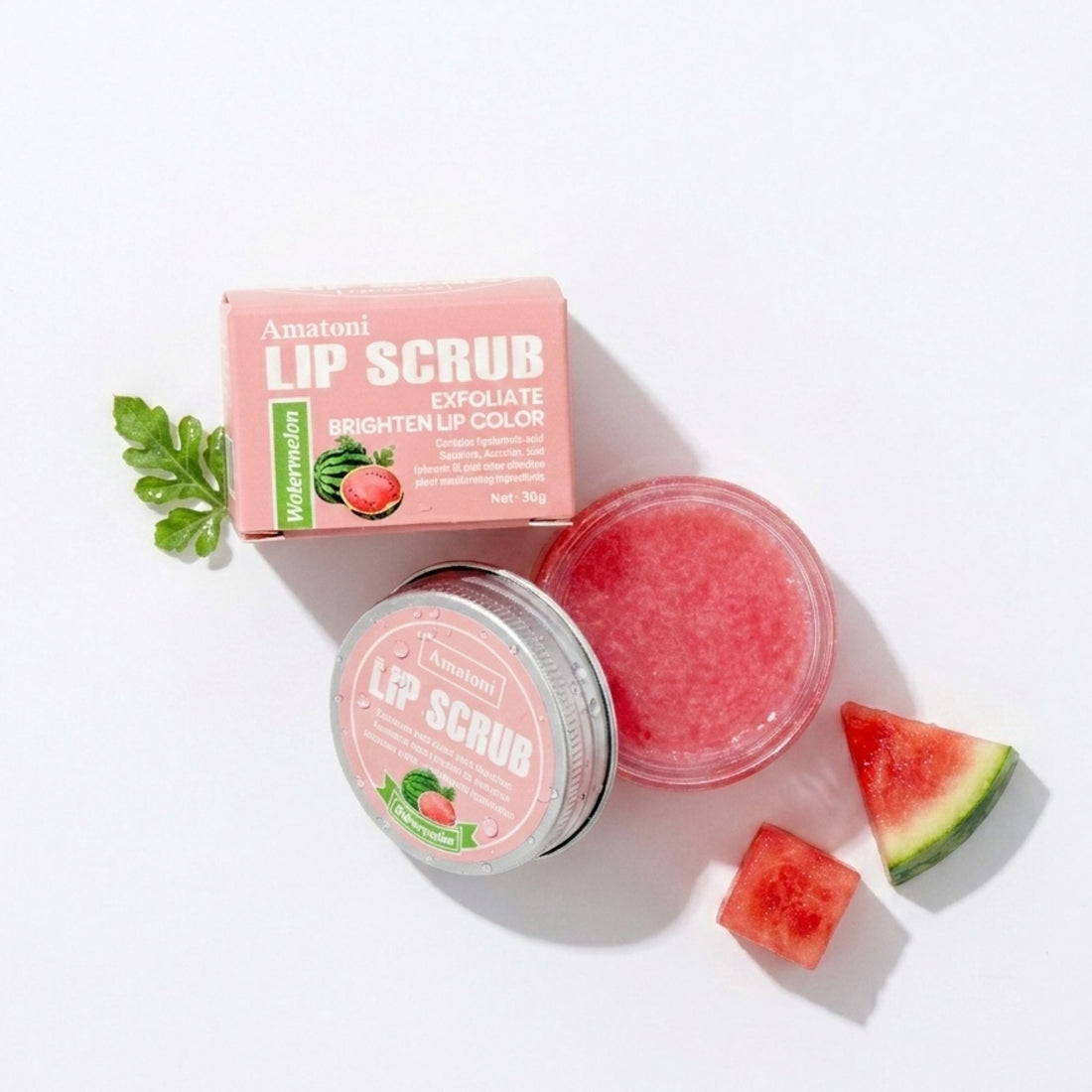 Close-up of the Watermelon Lip Scrub jar with a pink label, highlighting its hydrating and exfoliating benefits for soft, smooth lips.