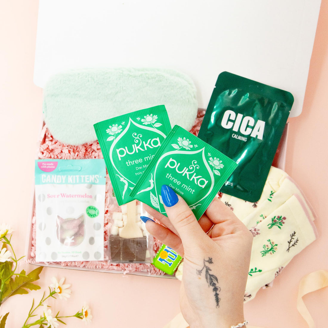 A Moment for Me gift box – calming gift for her with herbal mint tea, face mask, fluffy eye mask, socks and sweet treats – Heavenly Boxes.