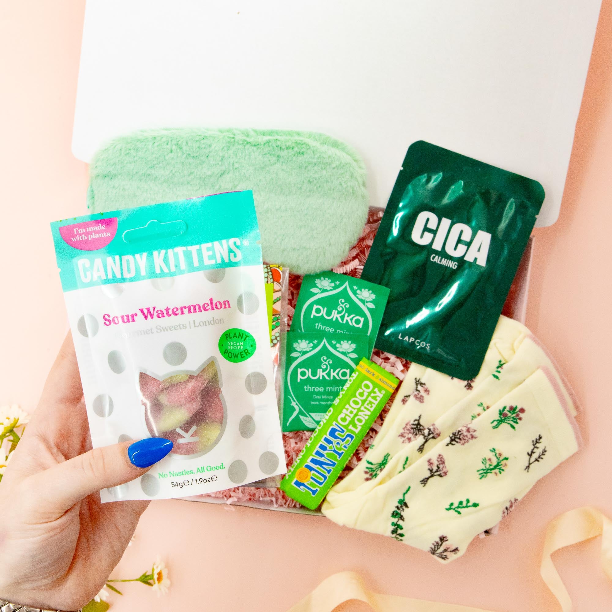 A Moment for Me gift for her – self-care box with gourmet sweets, calming face mask, herbal tea, cosy socks and eye mask – stylish pamper gift.