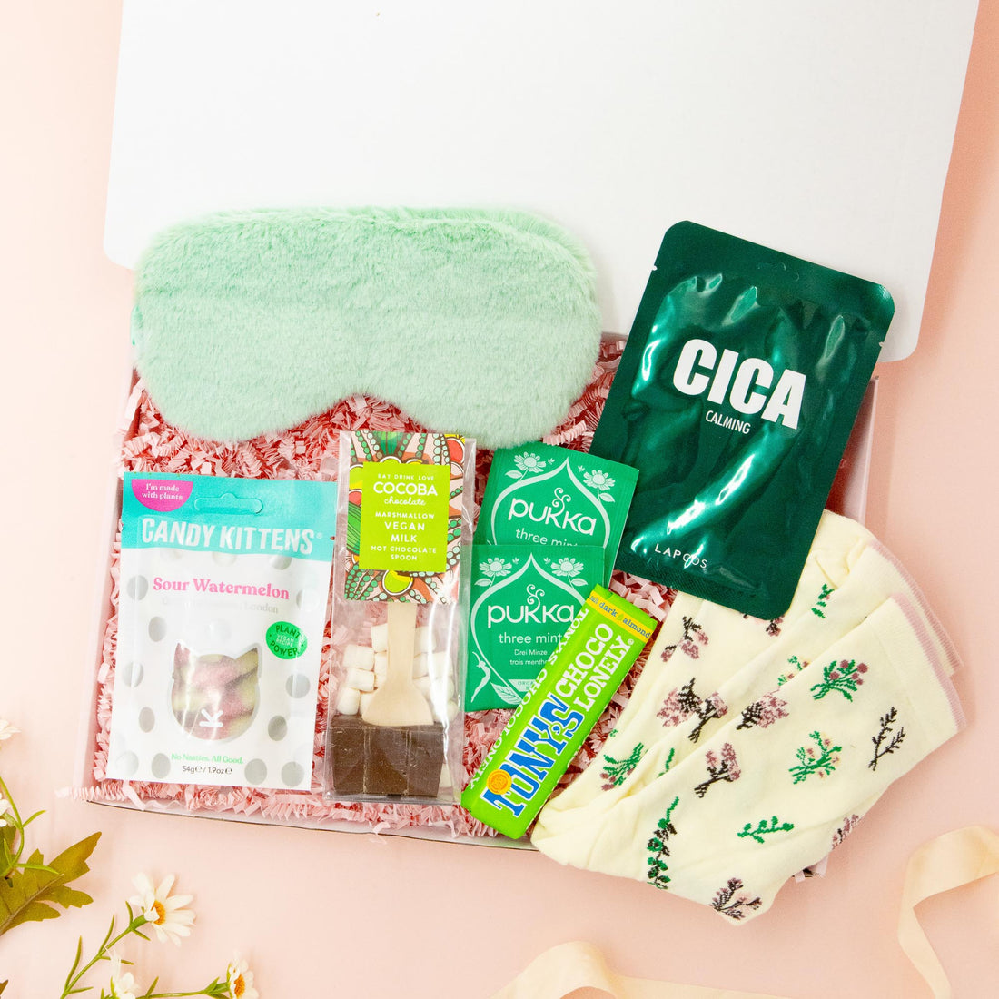 A Moment for Me self-care gift box – soothing green-themed gift for her with socks, mint tea, calming face mask, sweets, hot chocolate and eye mask.