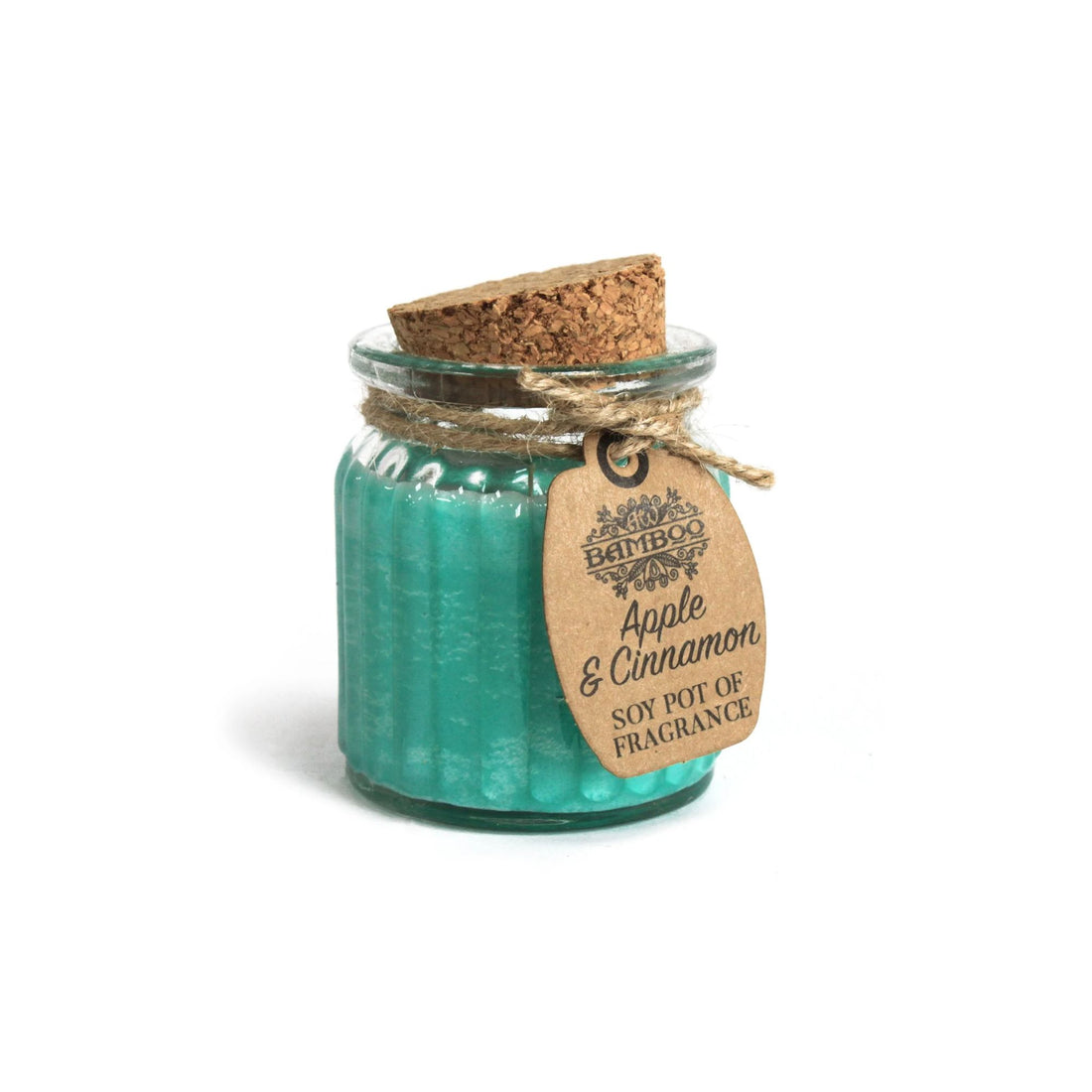 Apple &amp; Cinnamon Soy Pot Candle in a glass jar with rustic cork lid, offering a festive apple and cinnamon scent. Burn time: 20 hours, size: 7 x 5.5cm.