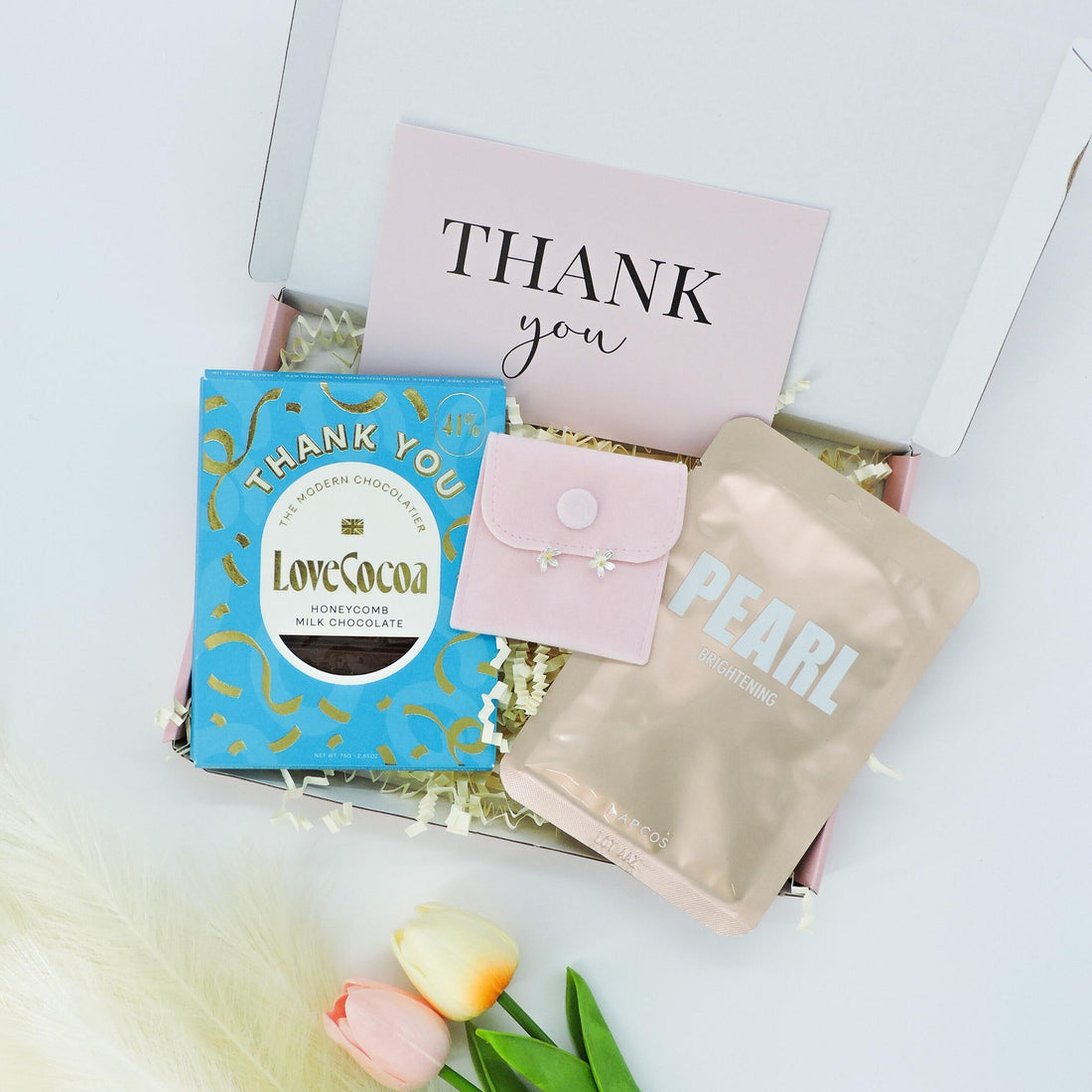 Appreciation in a Box – gift for your teacher with thank-you chocolate, pearl mask, and floral earrings
