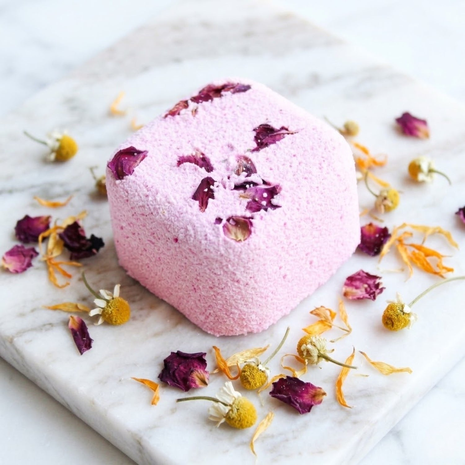 Aromatherapy Shower Steamer - Patchouli, Jasmine, Ylang Ylang &amp; Rose Petals, shaped like pink cubes with a decorative gold ribbon, for a spa-like shower experience. Ideal selfcare gift for her.