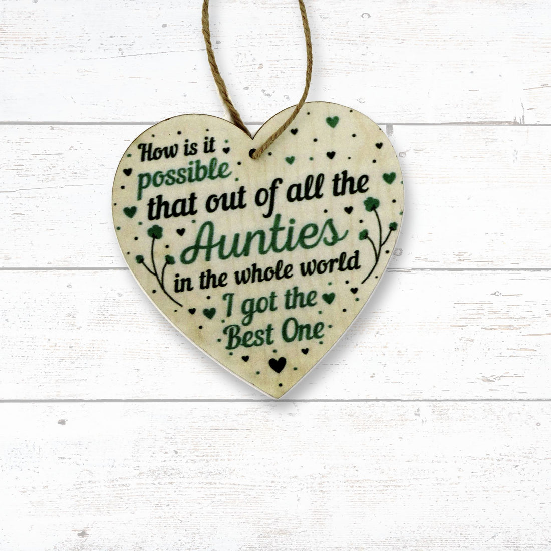 Aunty Heart Wooden Plaque featuring a handwritten message, heart shape, and string for hanging, perfect for gifting to your beloved aunt.