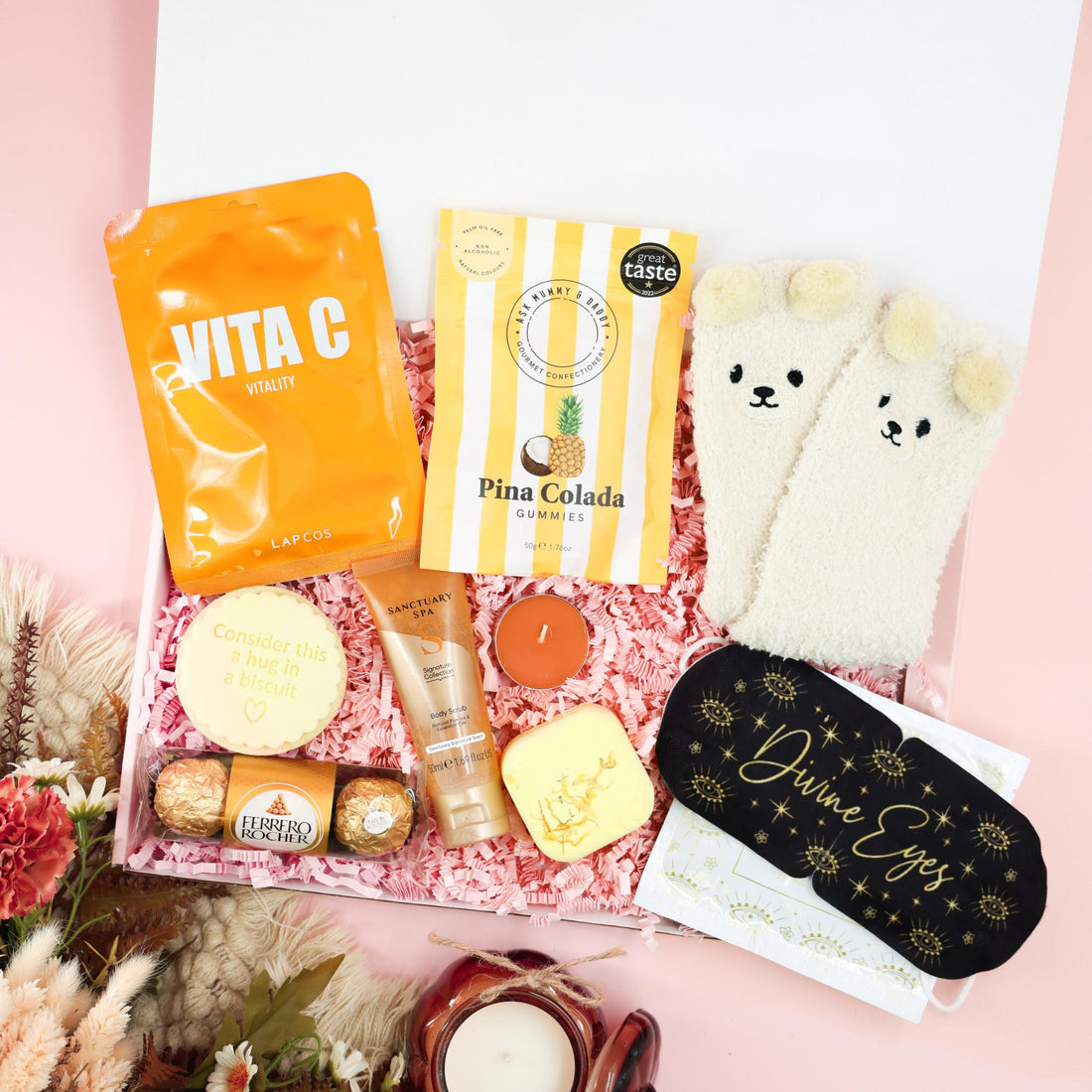 Autumn gifts pamper box – self care gifts with socks, skincare, and chocolates

