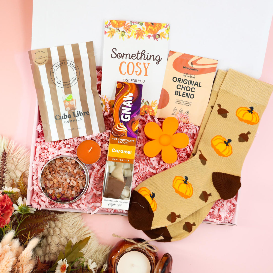 Autumn gifts pumpkin and cocoa cosy night box – seasonal treats with socks and hot chocolate