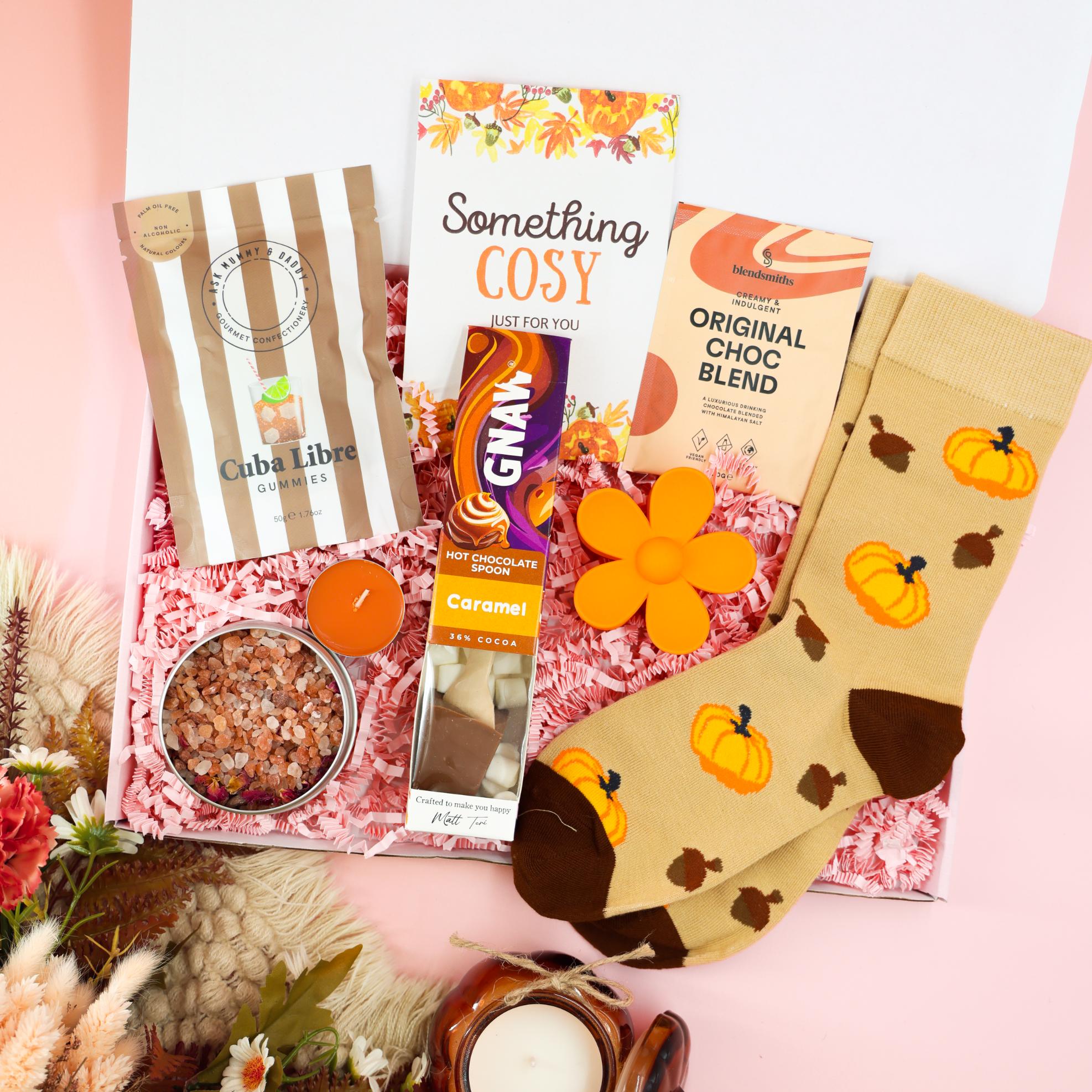 Autumn gifts pumpkin and cocoa cosy night box – seasonal treats with socks and hot chocolate
