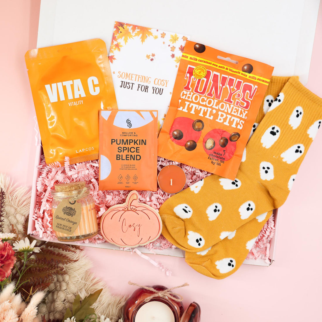 Autumn gifts pumpkin spice cosy treat box – seasonal gifts for her with socks and chocolate
