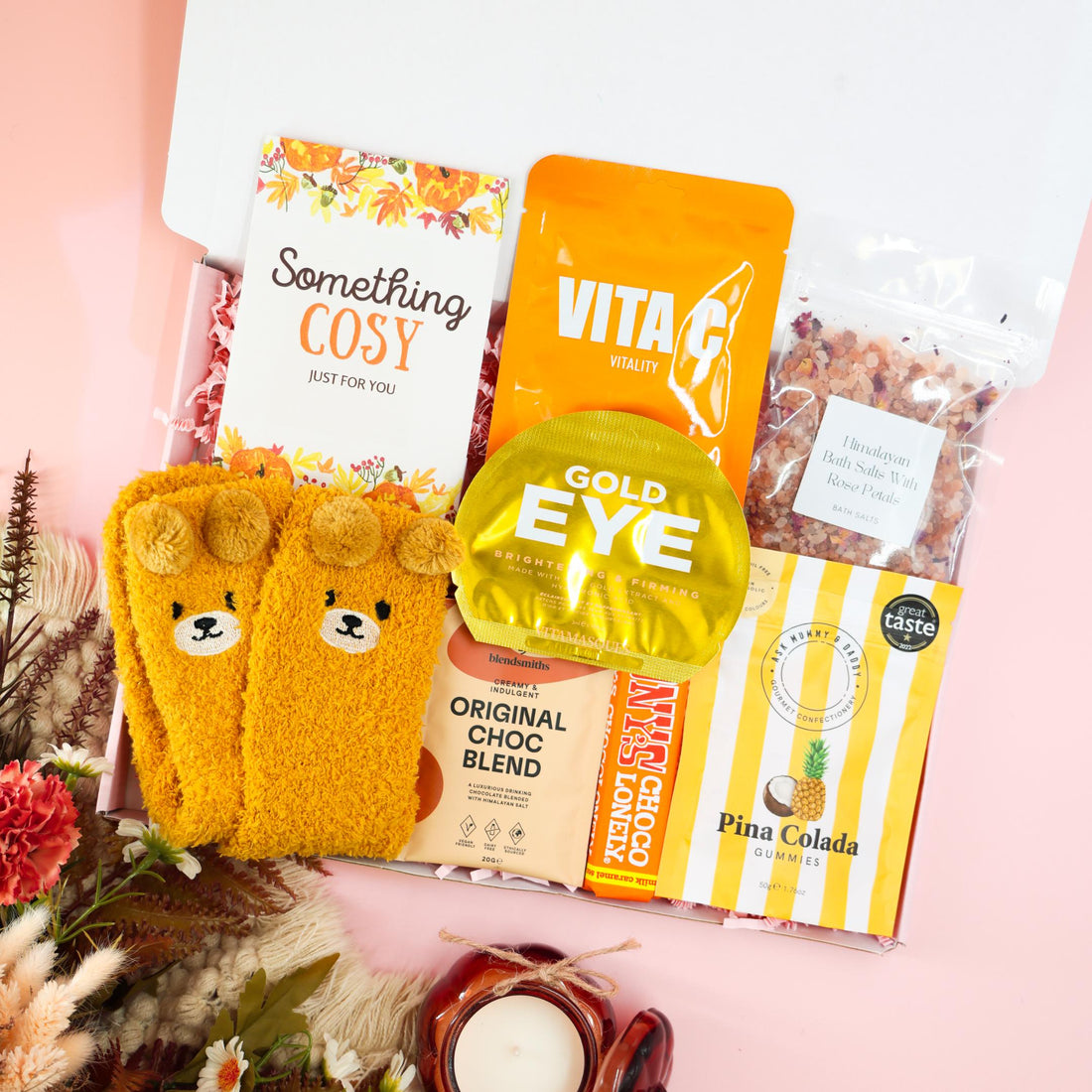 Autumn gifts Warm Autumn Snuggles Box – seasonal treats with socks, skincare, and chocolate
