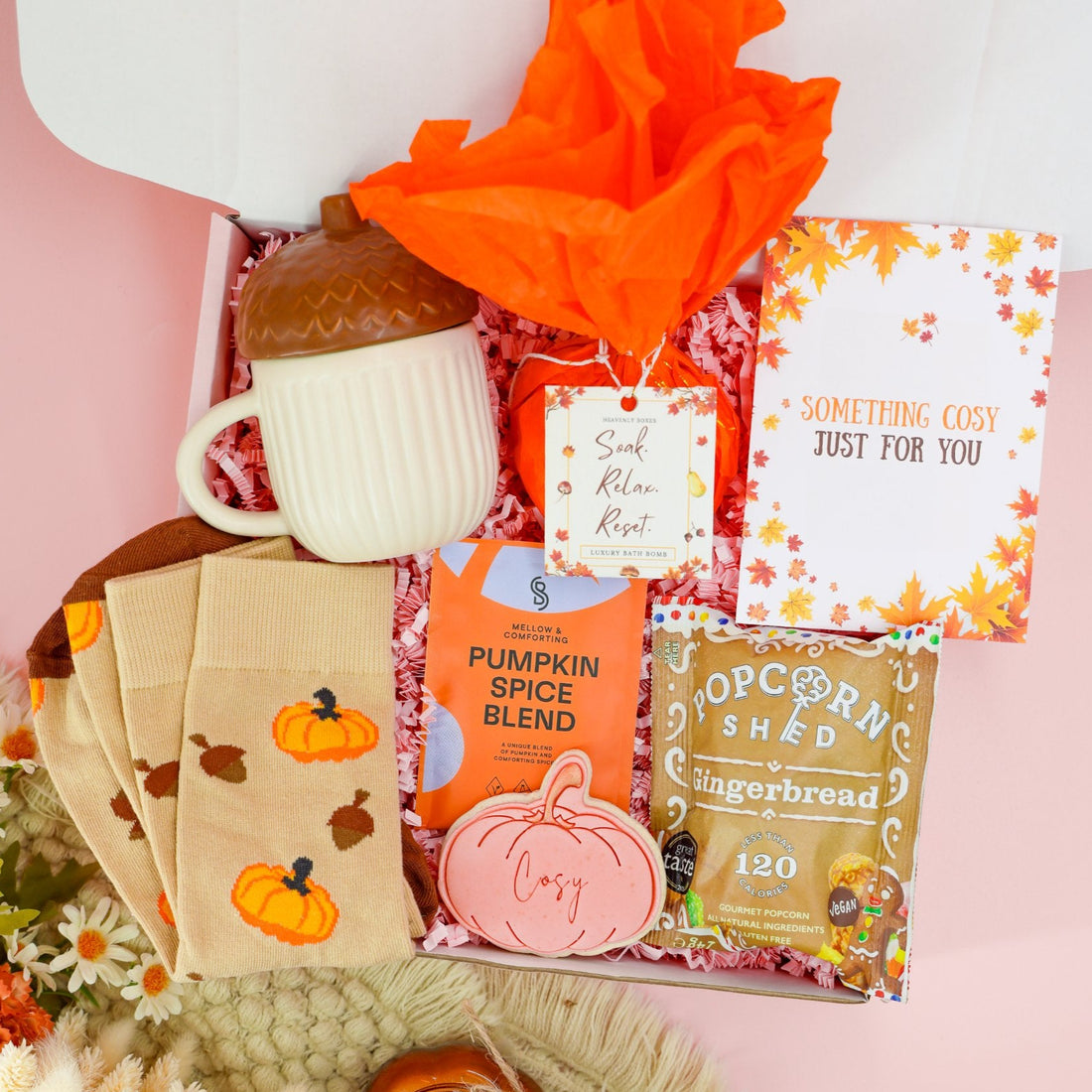 Autumn gifts for her – Acorn Autumn Box with acorn mug, pumpkin socks, and popcorn