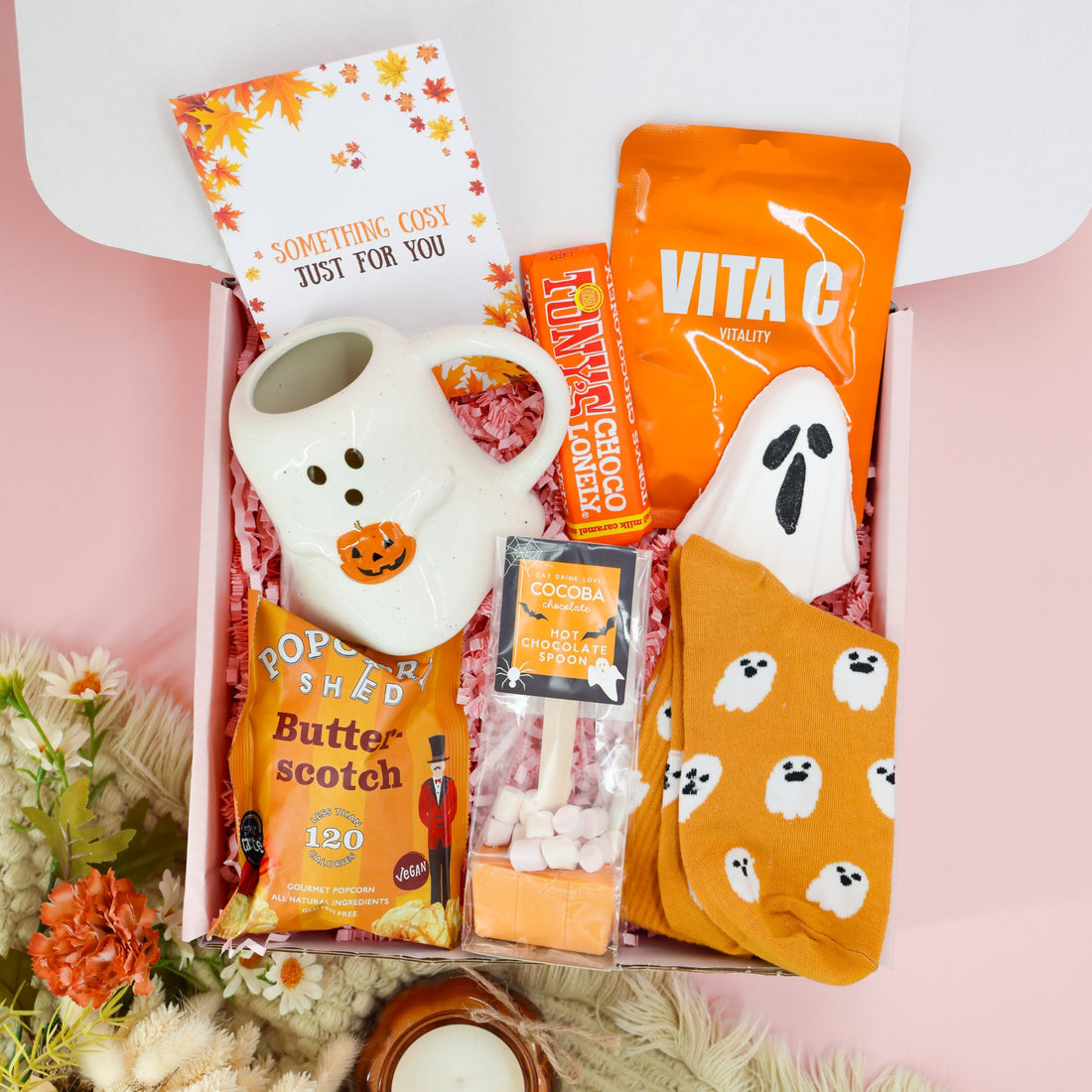 Autumn gifts for her – Haunted Autumn Box with ghost mug, socks, and chocolate