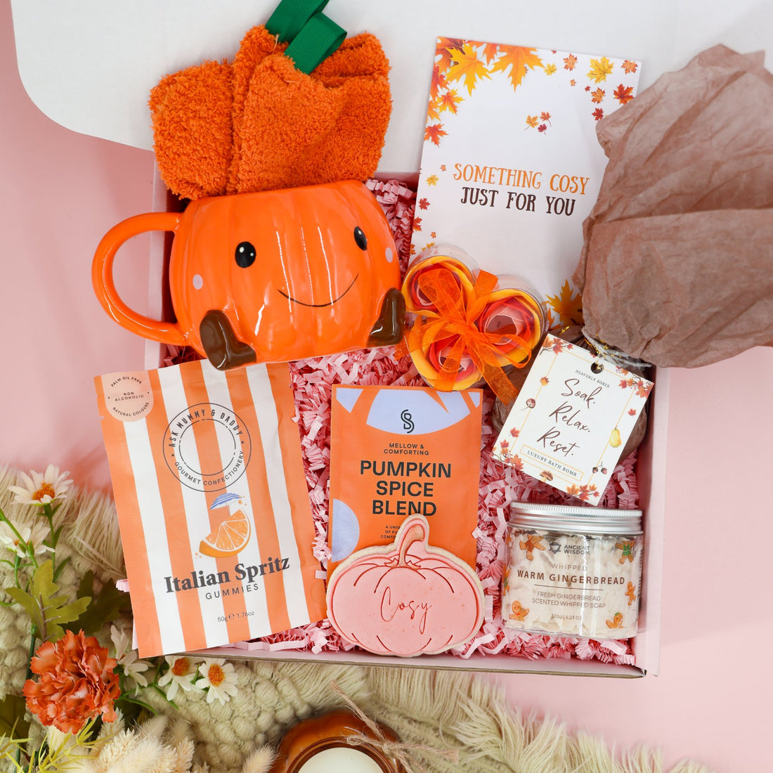 Autumn gifts for her – Pumpkin Patch Autumn Box with pumpkin mug, socks, and candle


