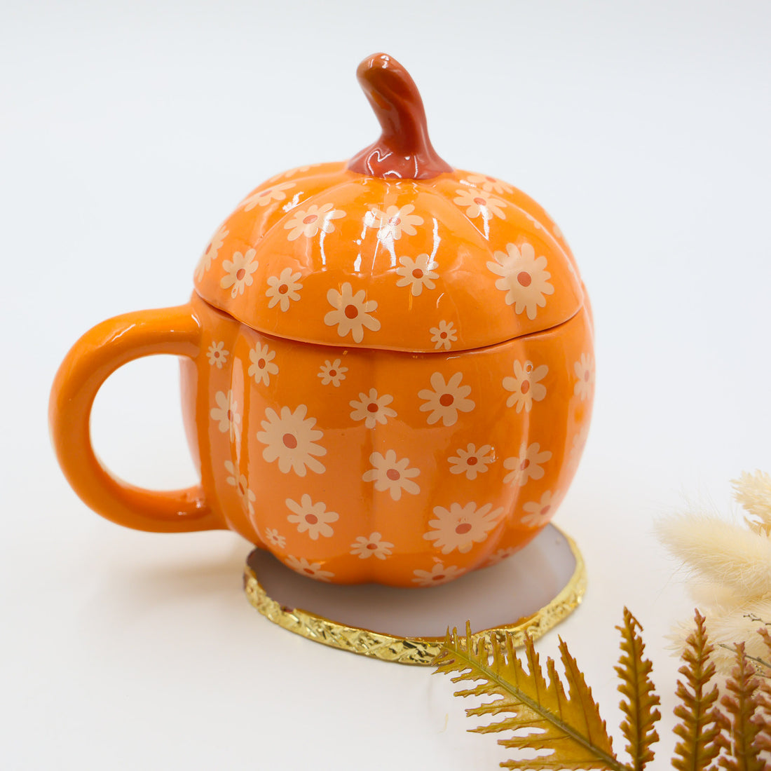 Autumn Gifts for Her – Groovy Pumpkin Ceramic Mug with floral lid design