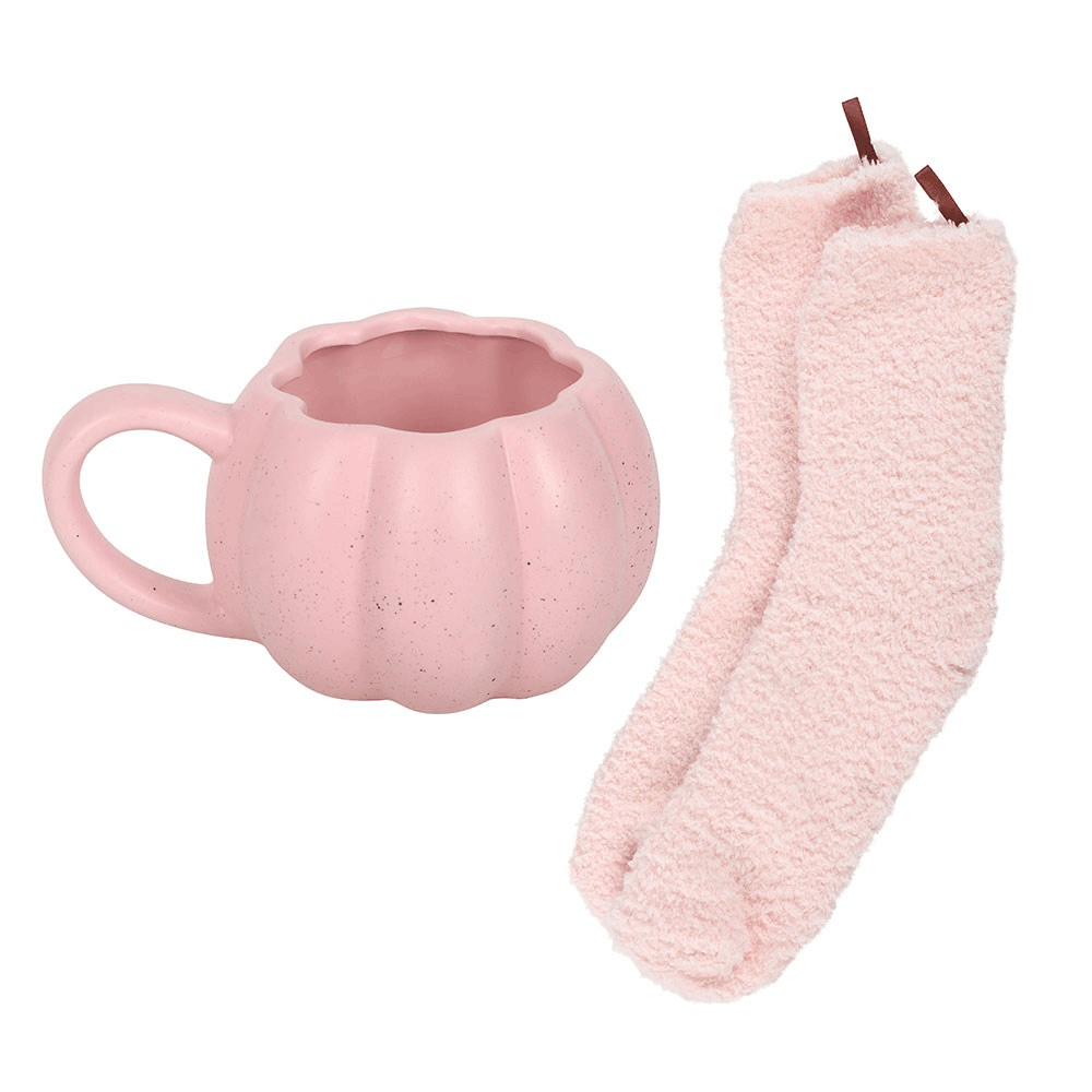 Autumn gifts for her – pink pumpkin mug and matching fluffy cosy socks set