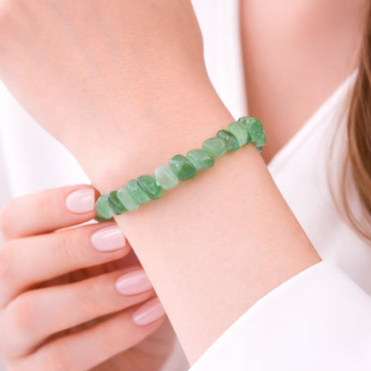 Green aventurine crystal chip bracelet worn on wrist, natural gemstone stretch bracelet for luck and positive energy, crystal jewellery gift for her