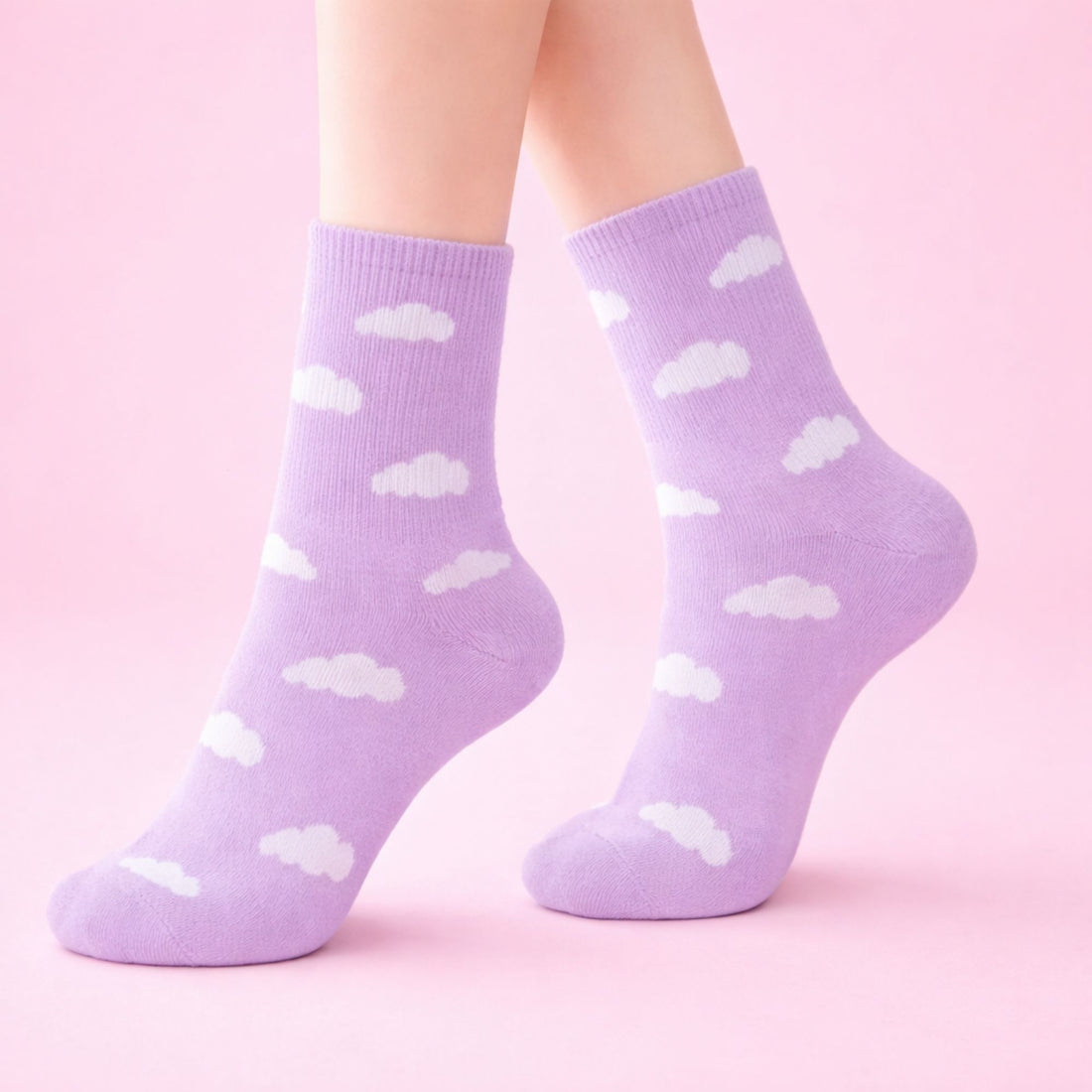 Cloud Print Socks - Purple featuring a playful design of fluffy white clouds on a soft fabric, ideal for adding charm to any gift box.