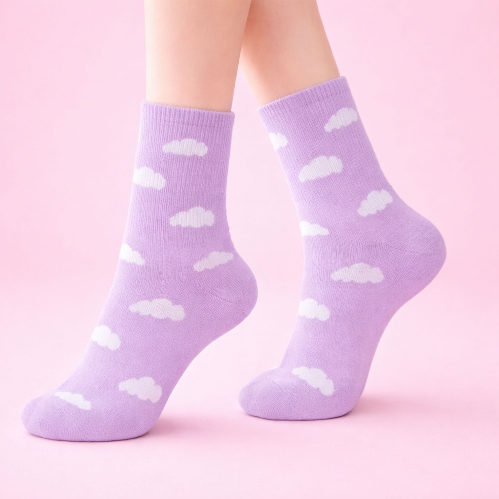 Cloud Print Socks - Purple featuring a playful design of fluffy white clouds on a soft fabric, ideal for adding charm to any gift box.