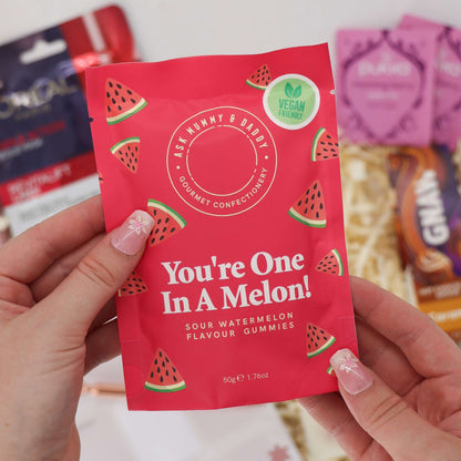 Gift box for her – vegan sweets, facial serum, wax melt, and stationer