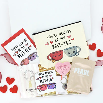 Be My Best-Tea | Valentines Gifts for Her features a tea cup drawing, heart-shaped cookie with text, and close-up of a logo, symbolizing friendship.