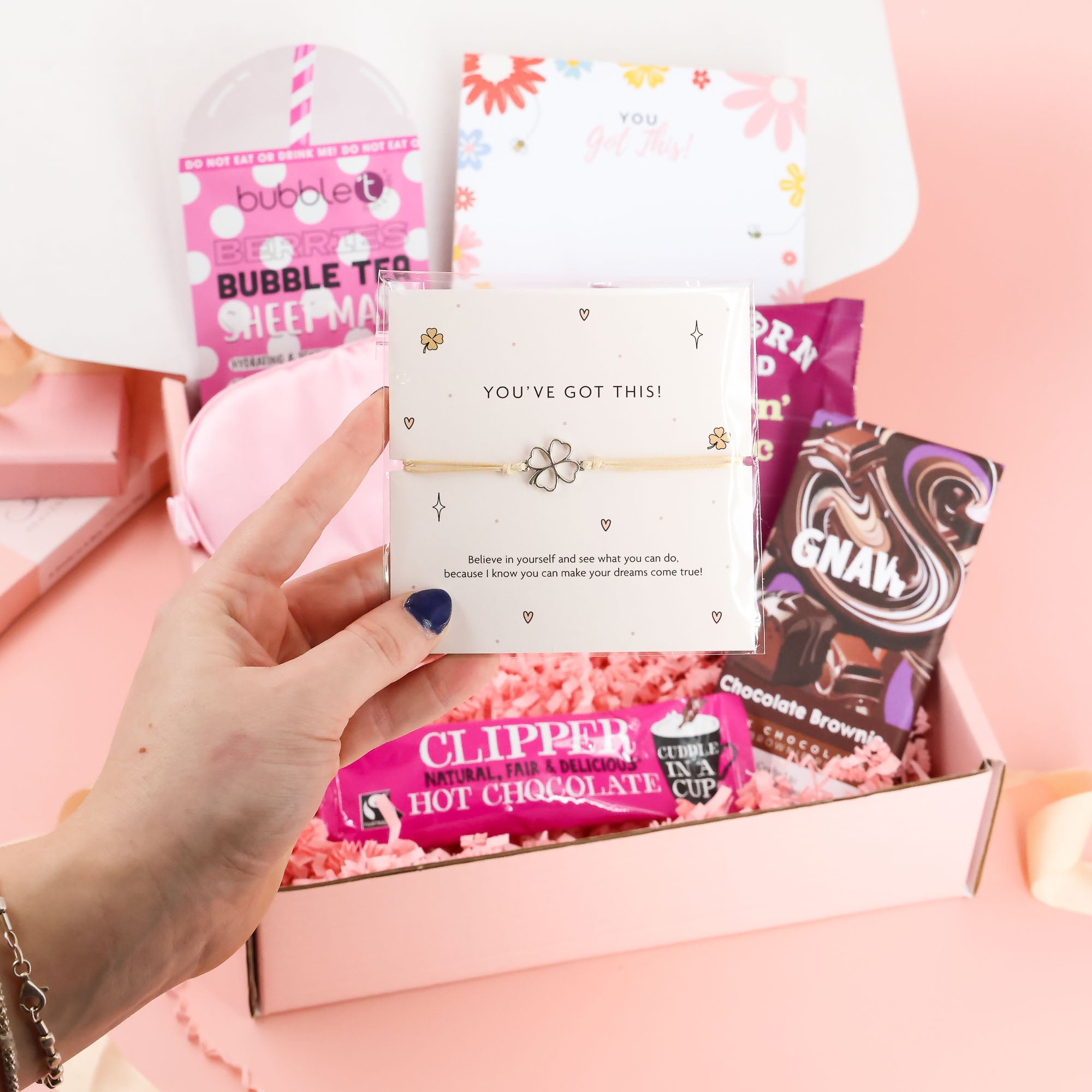 Selfcare gift – Believe in Yourself Gift Set with chocolate chocolate brownie bar, bubble tea sheet mask and uplifting bracelet