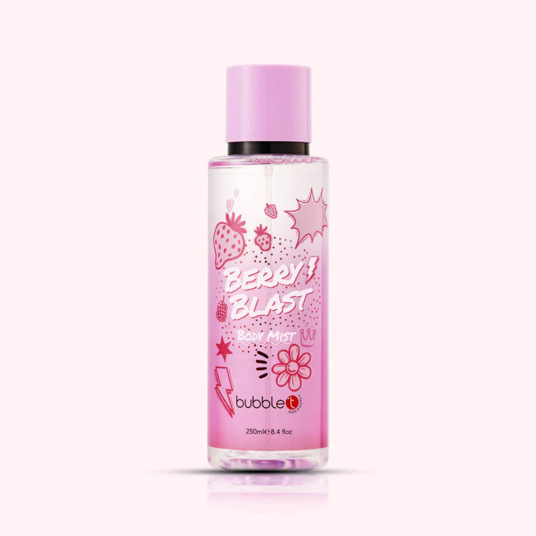 Close-up of Berry Blast Body Mist bottle featuring a pink label, capturing the essence of juicy berries for a refreshing, long-lasting scent.