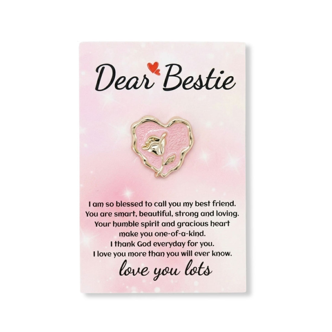 Bestie Heart Pocket Hug pin with heartfelt message, perfect for gifting. Featured amid floral close-ups, symbolizing friendship and love.