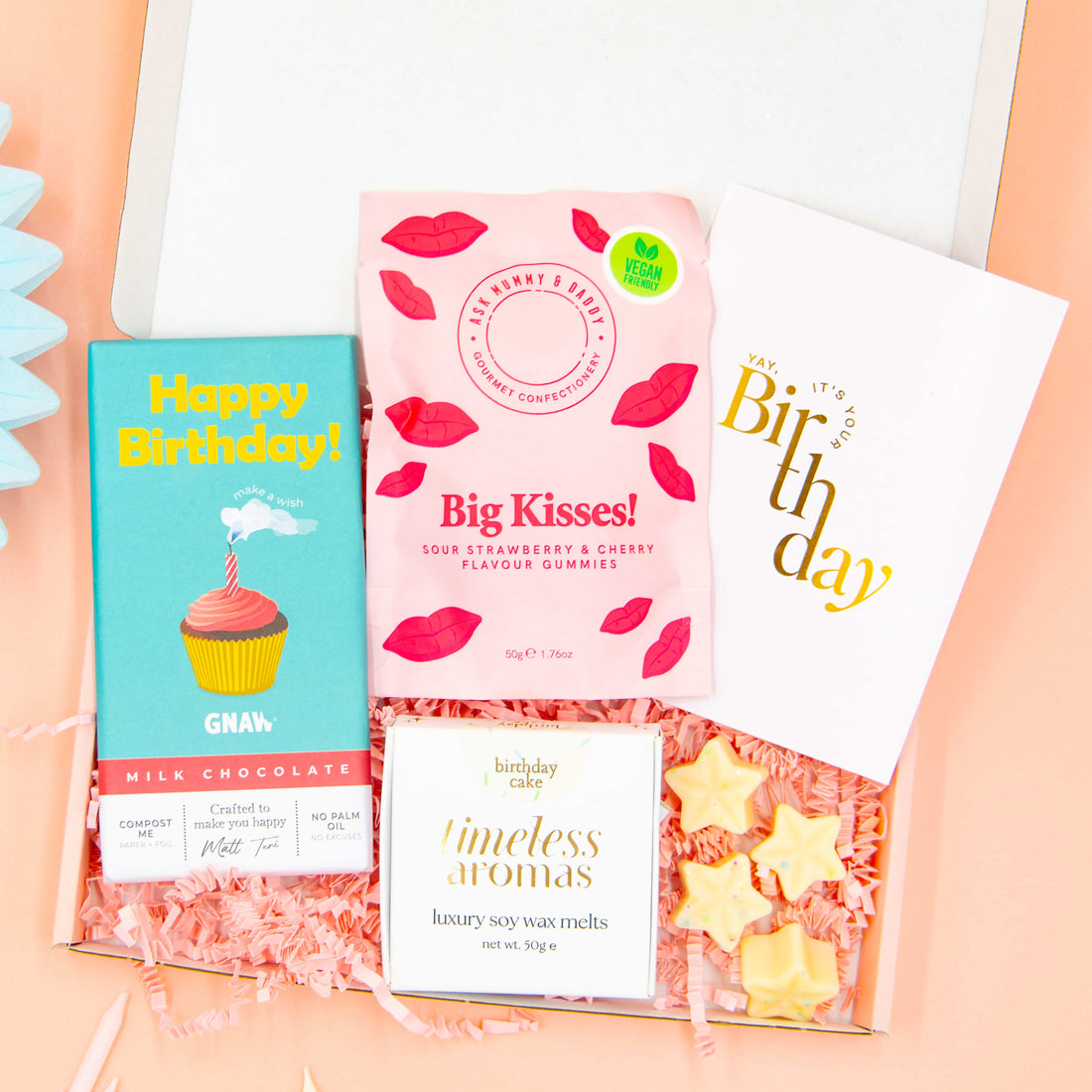 Birthday Kisses gift box – birthday gift for her with chocolate, wax melts, and gummies