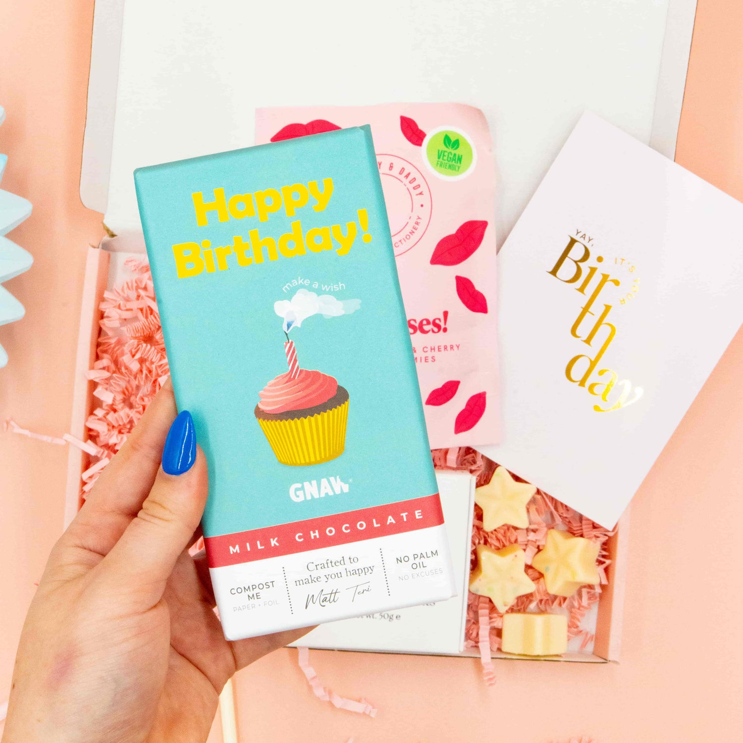 Birthday gift box for her – chocolate bar, scented wax melts, and sweet treats