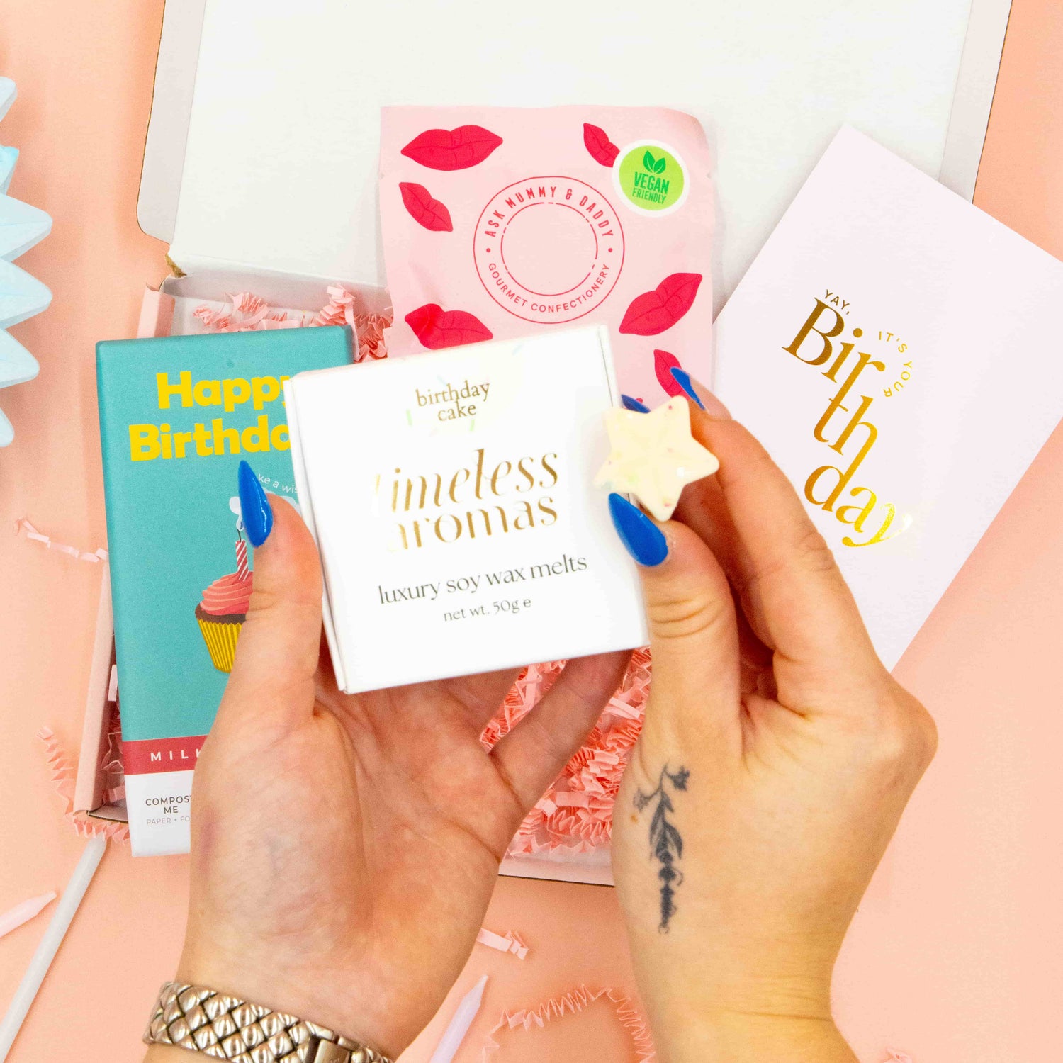 Birthday present box – Birthday Kisses gift with chocolate and pampering touches
