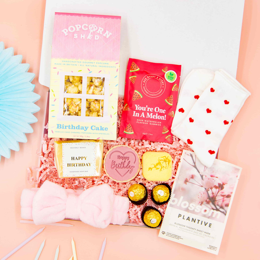 You’re One in a Melon Birthday Box – birthday gift for her with popcorn, socks, and sweet treats
