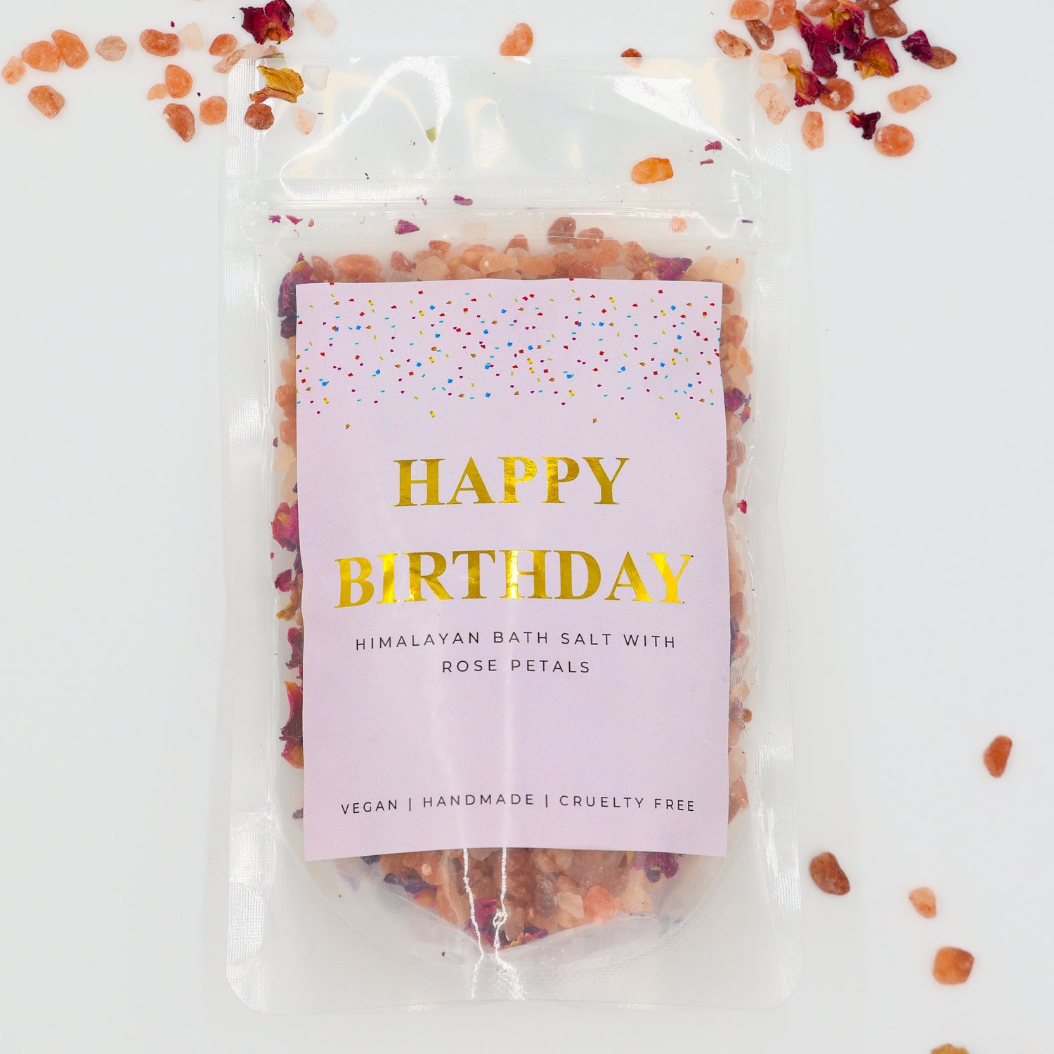 Birthday gift for her – Happy Birthday Himalayan Bath Salt with rose petals