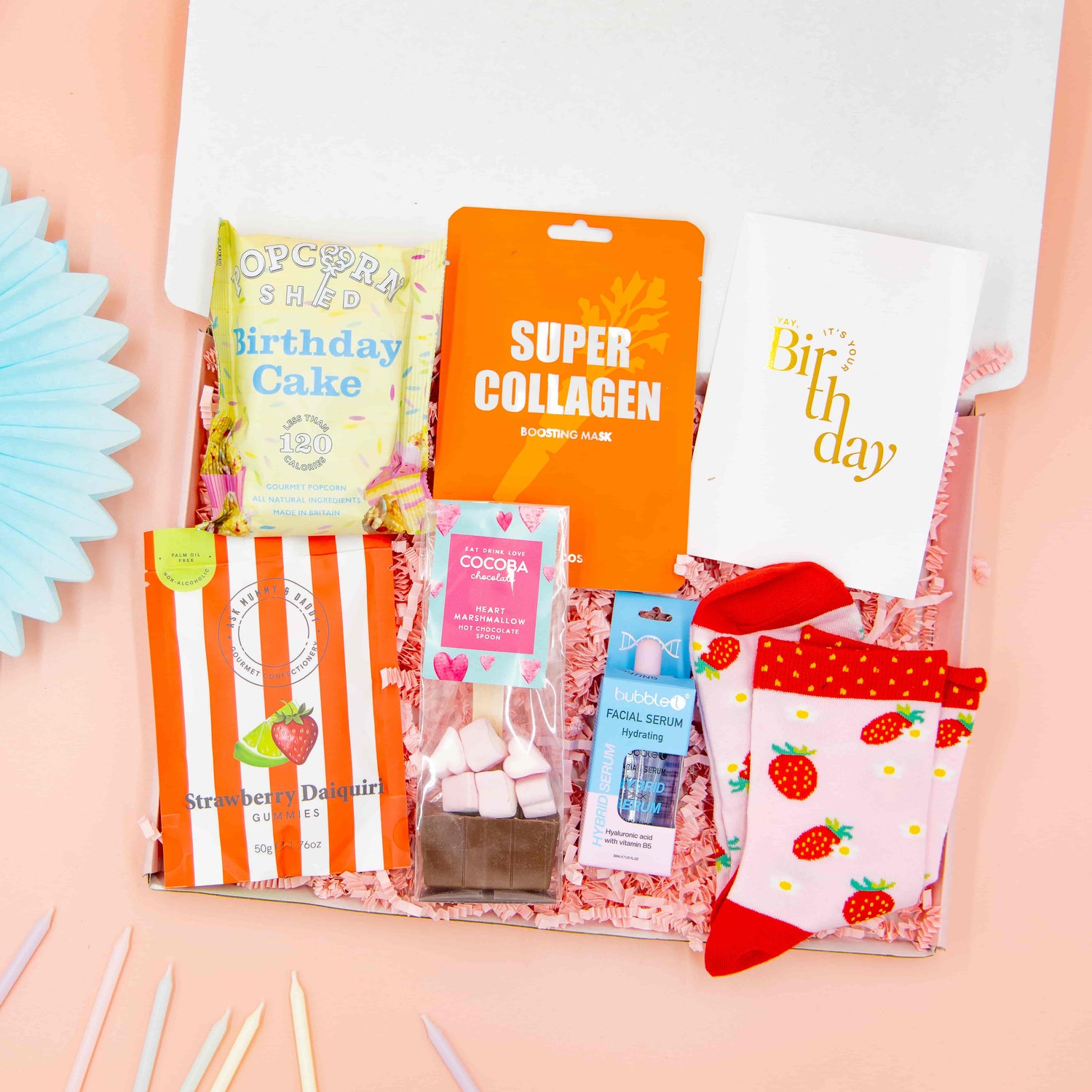 Yay It’s Your Birthday gift box – birthday gift for her with popcorn, socks, and skincare treats