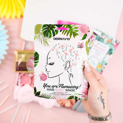 Flamingo-print marula oil hair mask from the Birthday Spa Day in a Box – nourishing self-care birthday gift for her