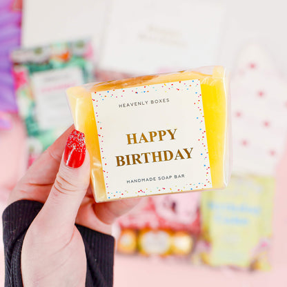 Handmade Happy Birthday soap bar in yellow with confetti design – luxury pamper gift from the Birthday Joy Box.