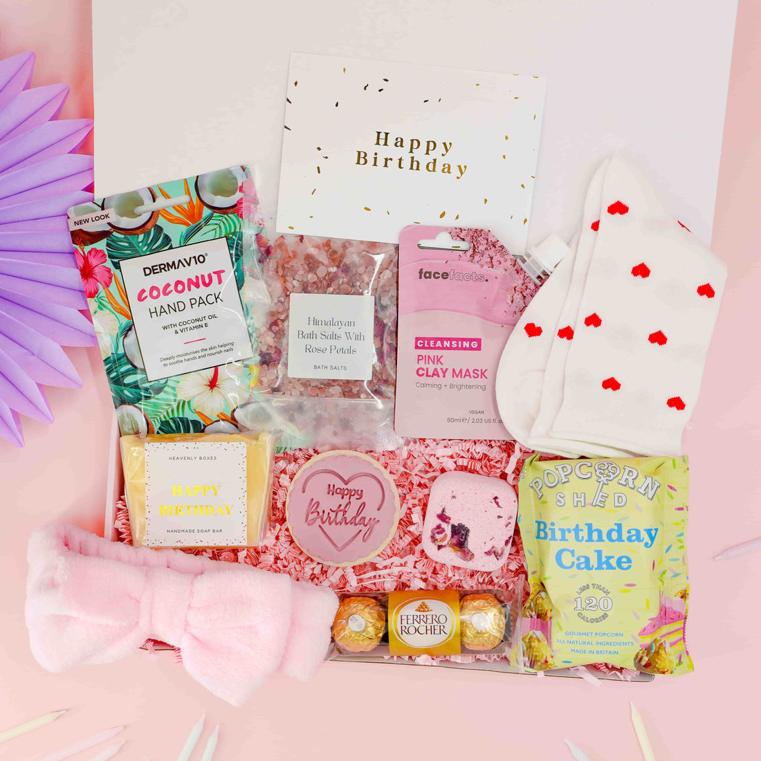 Birthday Joy Box gift set with pamper treats, popcorn, chocolates, and birthday-themed surprises – perfect birthday gift for her.