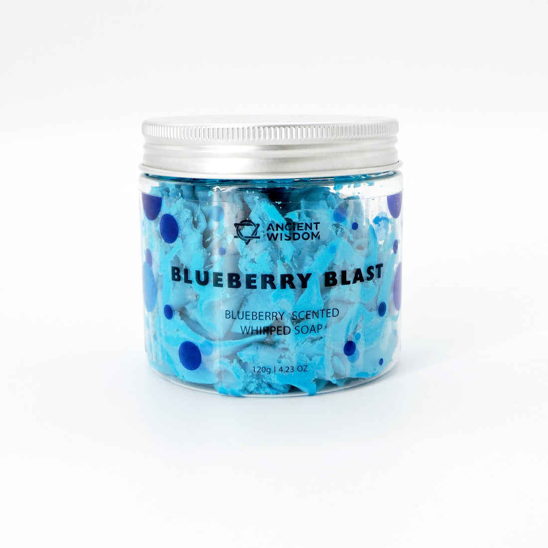 Blueberry Blast Whipped Soap Body Treat in a jar with a white cap, featuring a close-up of its logo, offering a fruity, luxurious self-care experience.