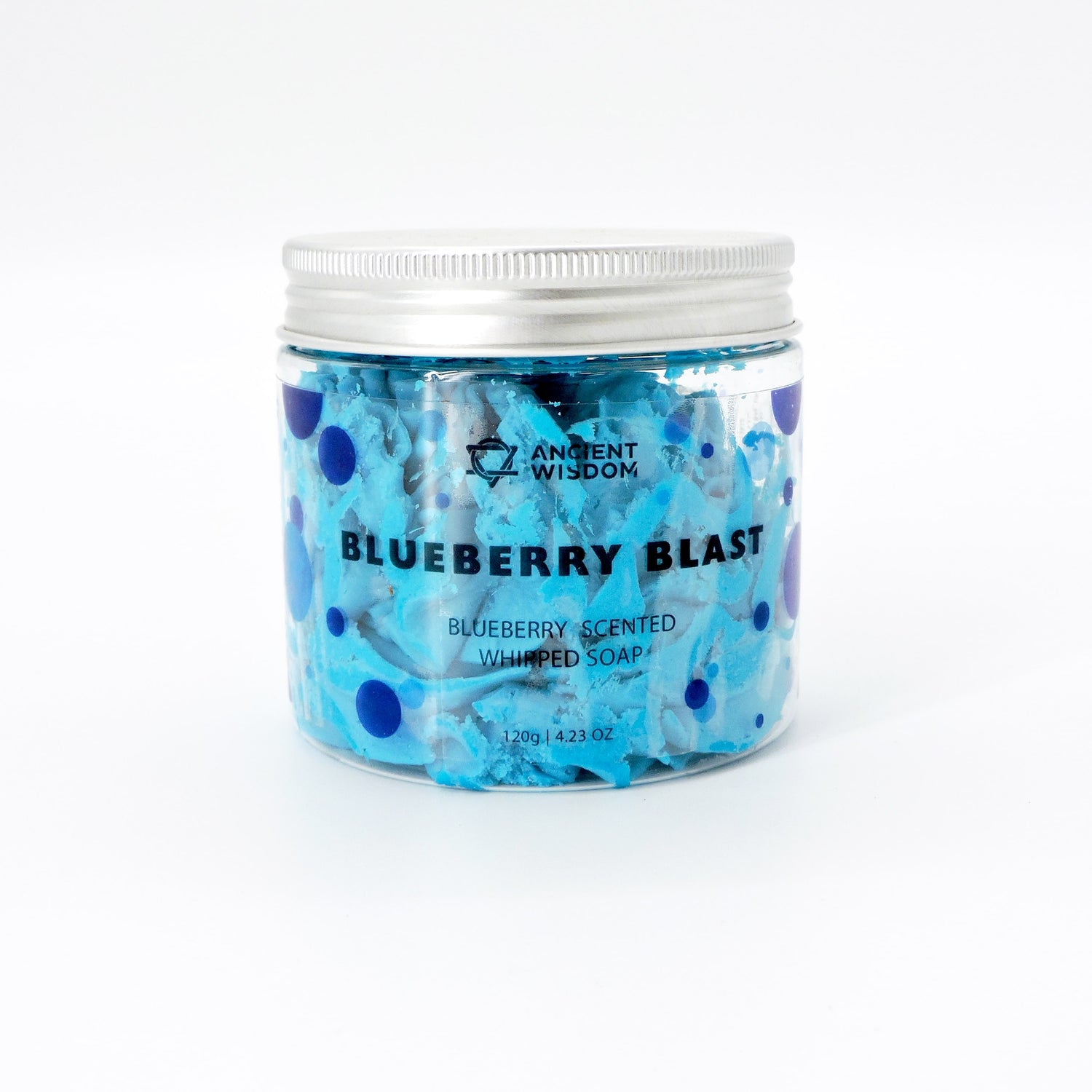 Blueberry Blast Whipped Soap Body Treat in a jar with a white cap, featuring a close-up of its logo, offering a fruity, luxurious self-care experience.