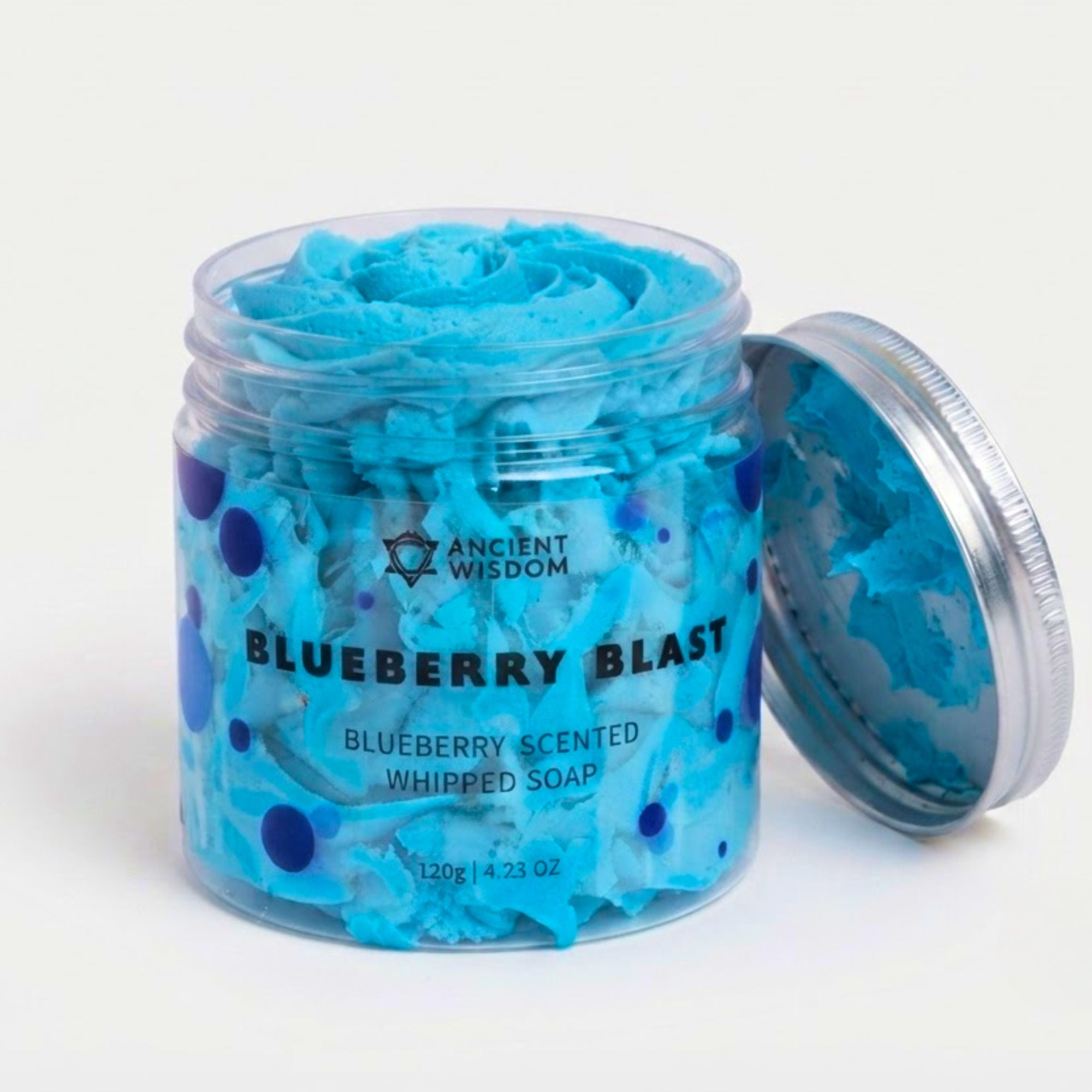 Blueberry Blast Whipped Soap Body Treat in a jar with a white cap, featuring a close-up of its logo, offering a fruity, luxurious self-care experience.