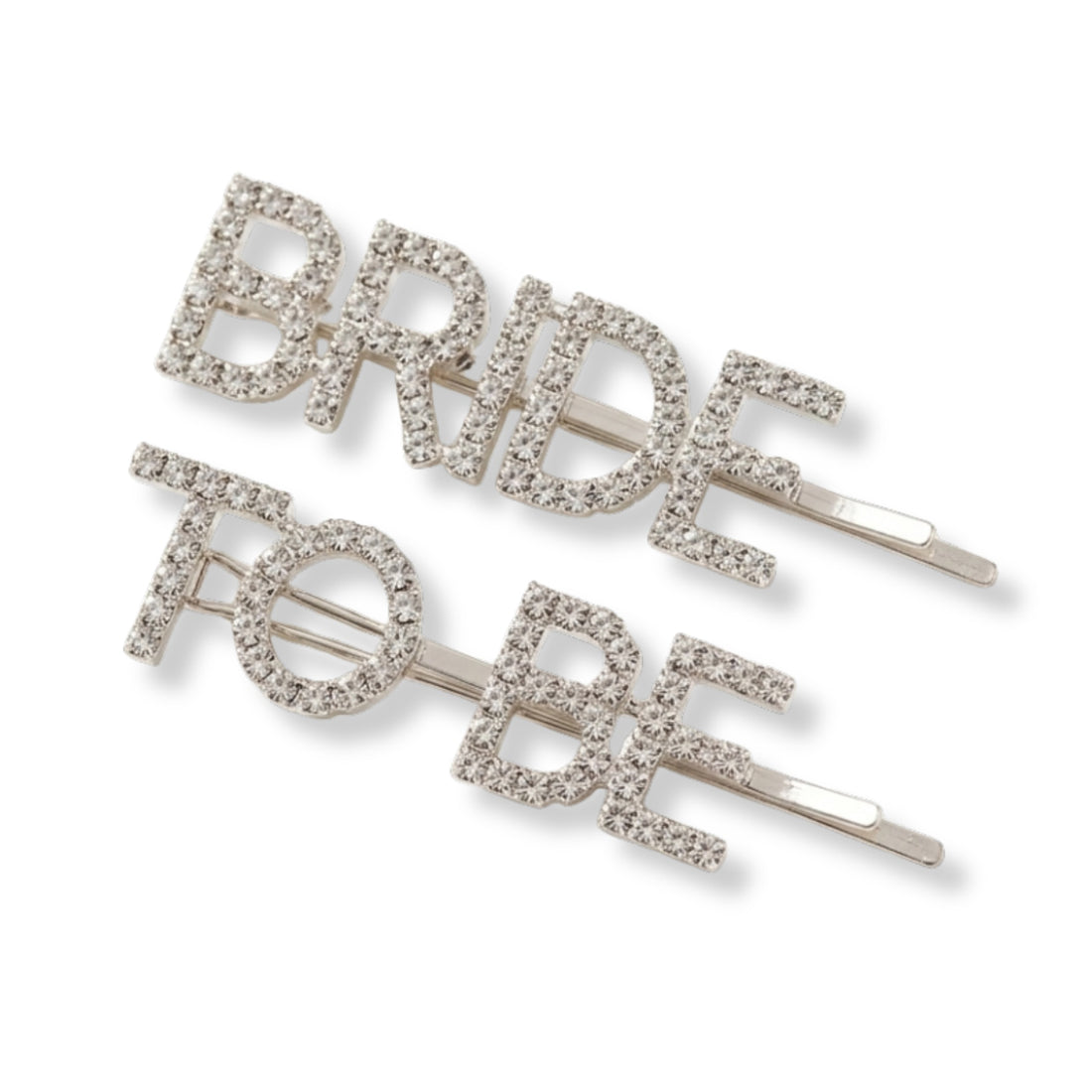 Bride To Be Crystal Hair Pins with silver-toned rhinestones spelling “BRIDE” and “TO BE,” perfect for bridal events, offering a bold, elegant touch. Ideal gift for a bride for hen do or bride party