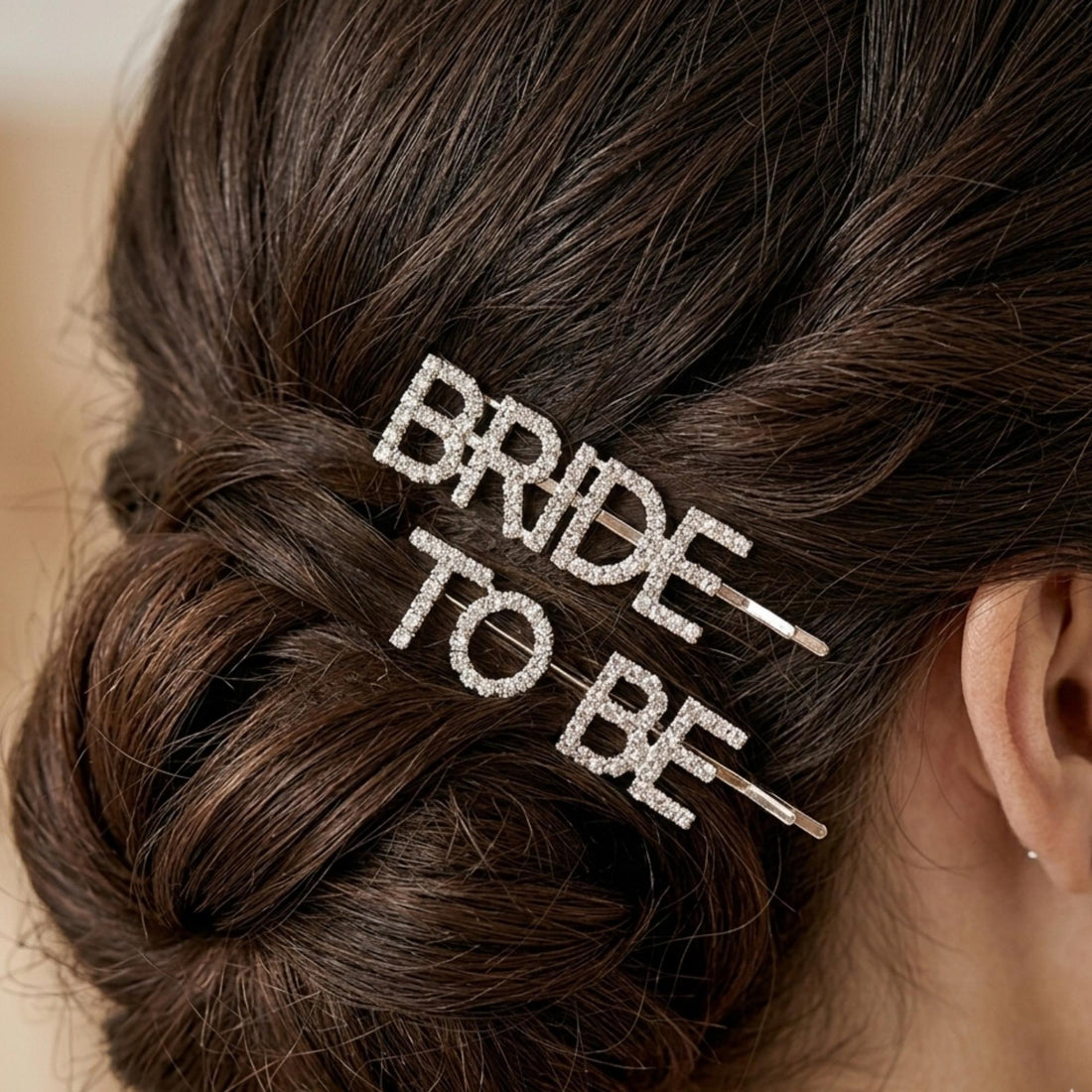 Bride To Be Crystal Hair Pins spelling BRIDE and TO BE in rhinestones, perfect for bridal celebrations, hen do&