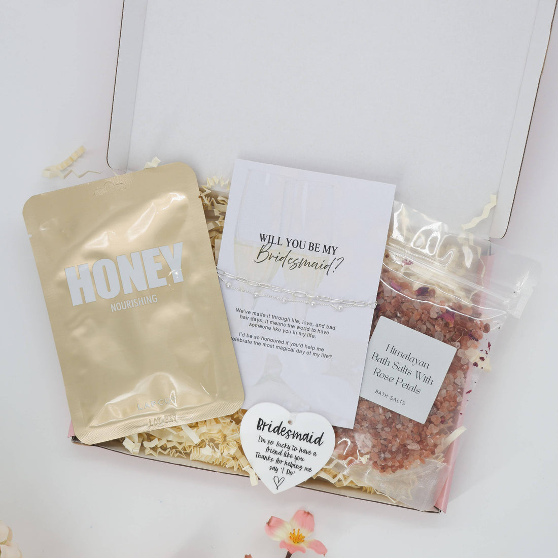 Bridesmaid gift box – proposal present with bath salts and honey face mask