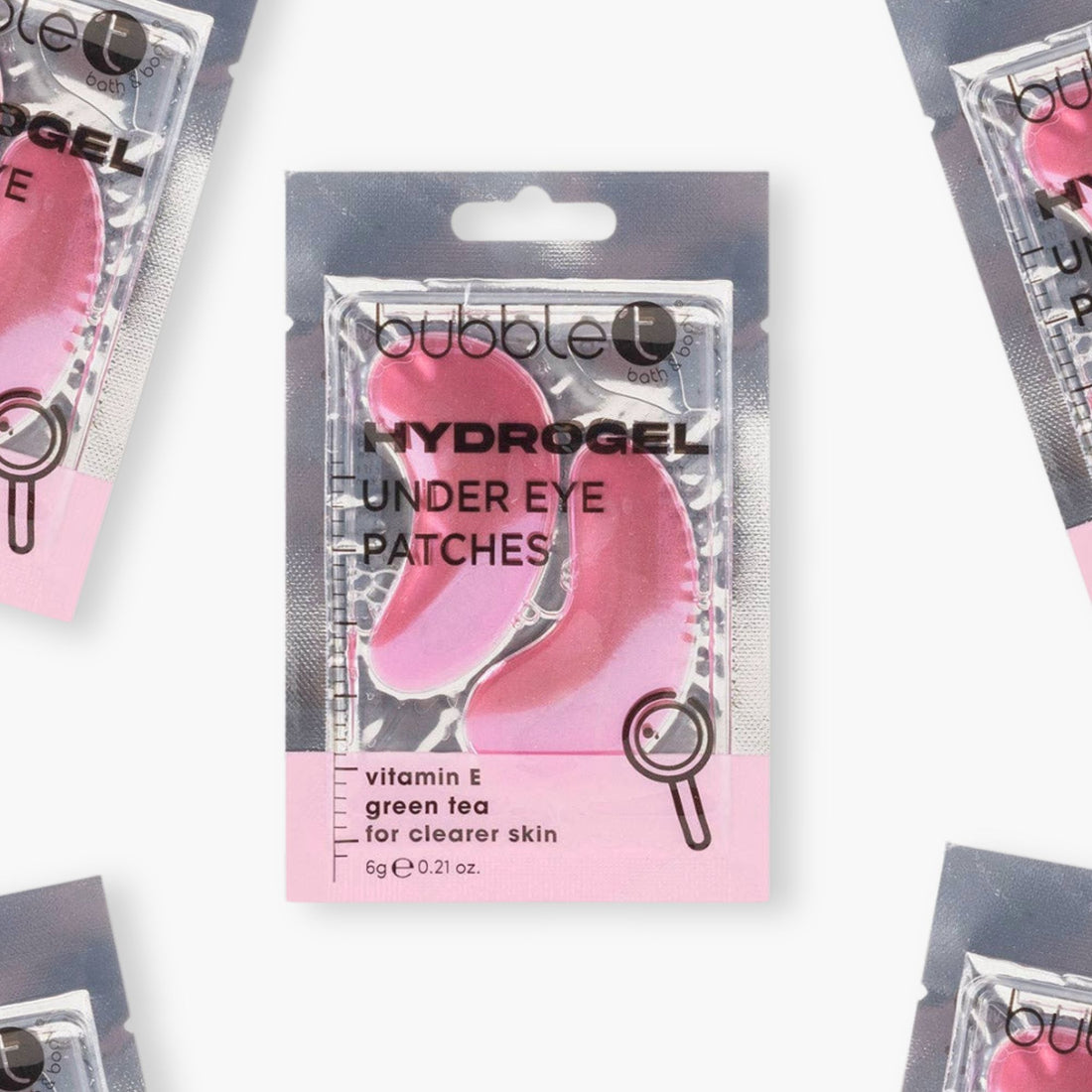 Vitamin E Hydrogel Under Eye Patches with green tea, shown in close-up, designed to reduce dark circles and puffiness, enhancing a radiant complexion.