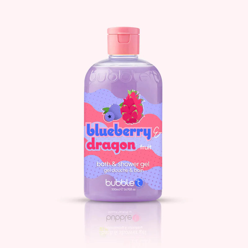 Bubble T Blueberry Dragon Bath &amp; Shower Gel bottle close-up, featuring a pink cap, ribbon, and logo, highlighting its luxurious, fruity cleansing experience.