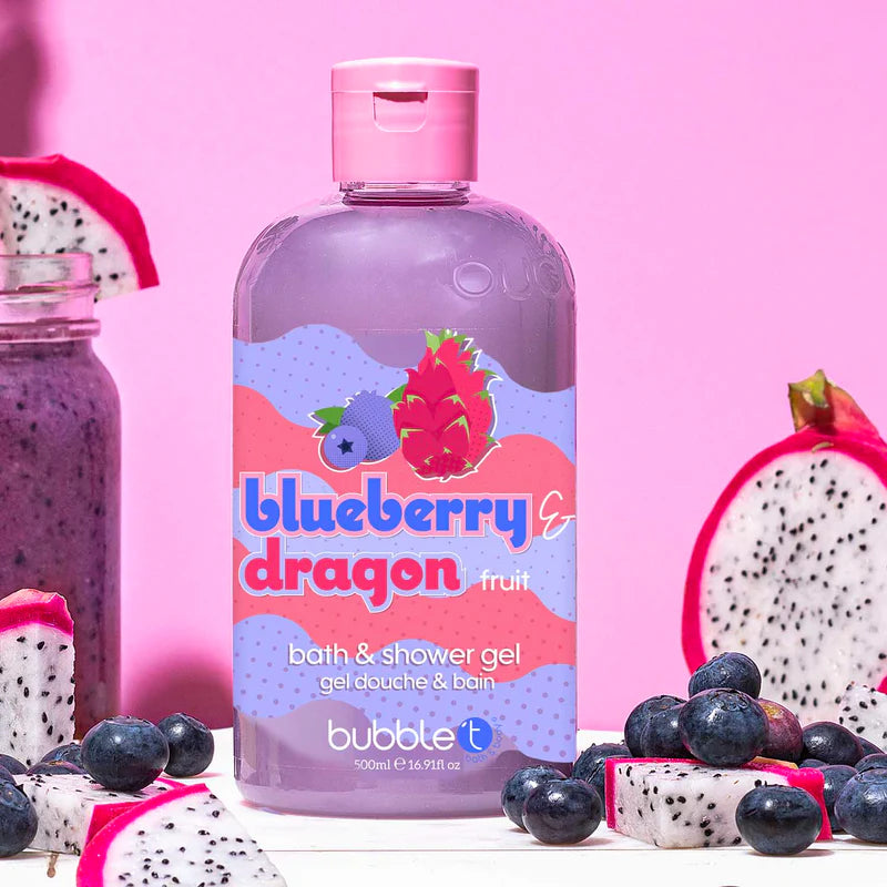 Bubble T Blueberry Dragon Bath &amp; Shower Gel bottle for luxurious, fruity cleansing experience.
