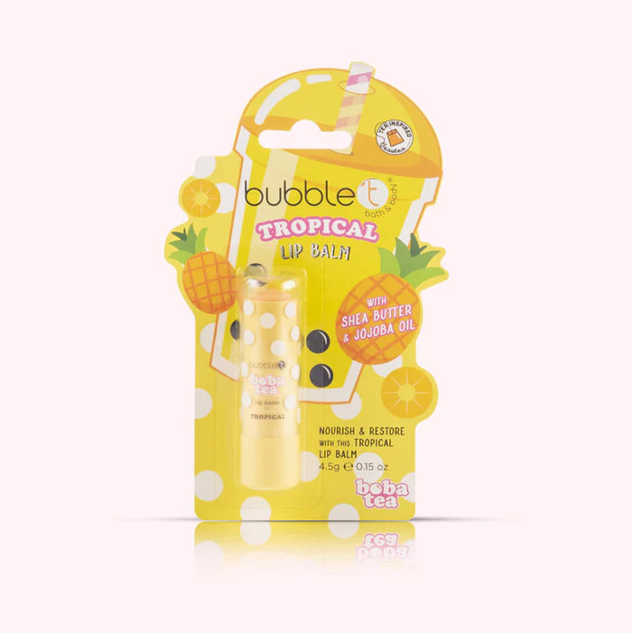 Bubble T Tropical Lip Balm, designed for easy application, offers moisturizing benefits with shea butter and jojoba oil for soft, hydrated lips.