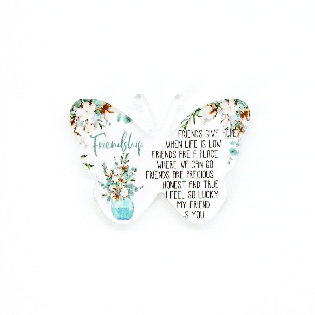 Butterfly Friendship Tray Keepsake with floral design and heartfelt poem, shaped like a butterfly, symbolizing friendship and appreciation. Perfect for gifting on special occasions.