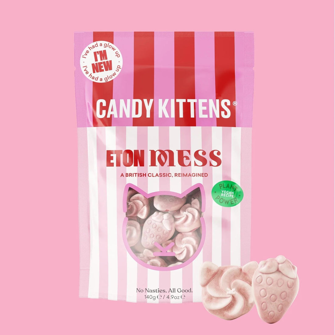 Eton Mess Gourmet Sweets close-up: strawberry and green label detail, highlighting the vegan, fruit juice ingredients and vibrant flavor profile.
